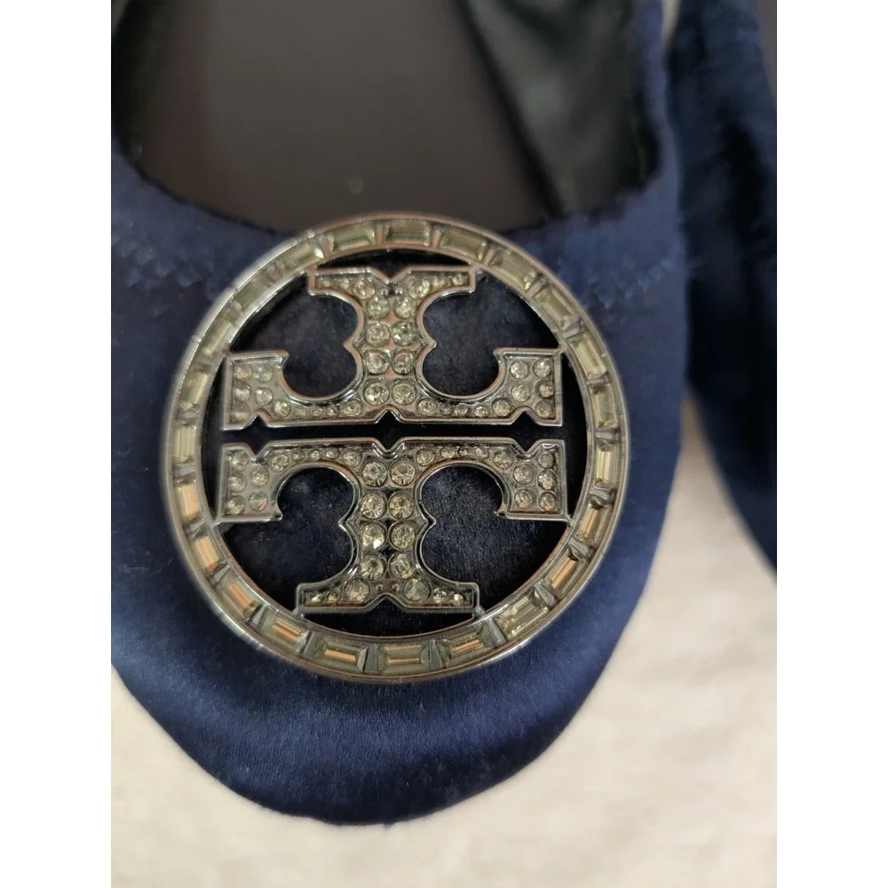 Tory Burch Navy Satin Ballet Flats Slip-On Crystal Logo Accent